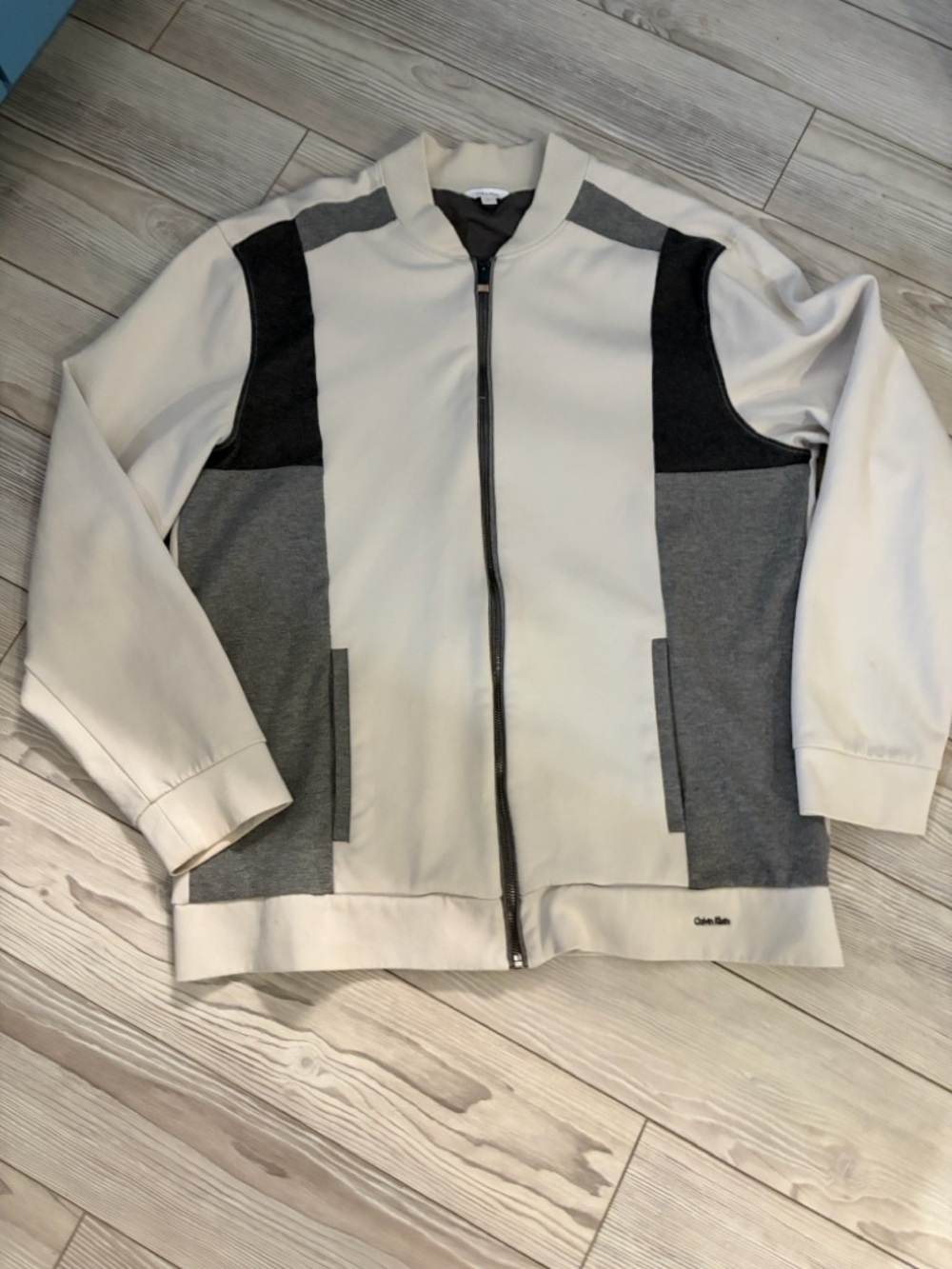Calvin Klein Men's Zip-Up Colorblock Sweater Jacket - Cream, Gray & Black Large